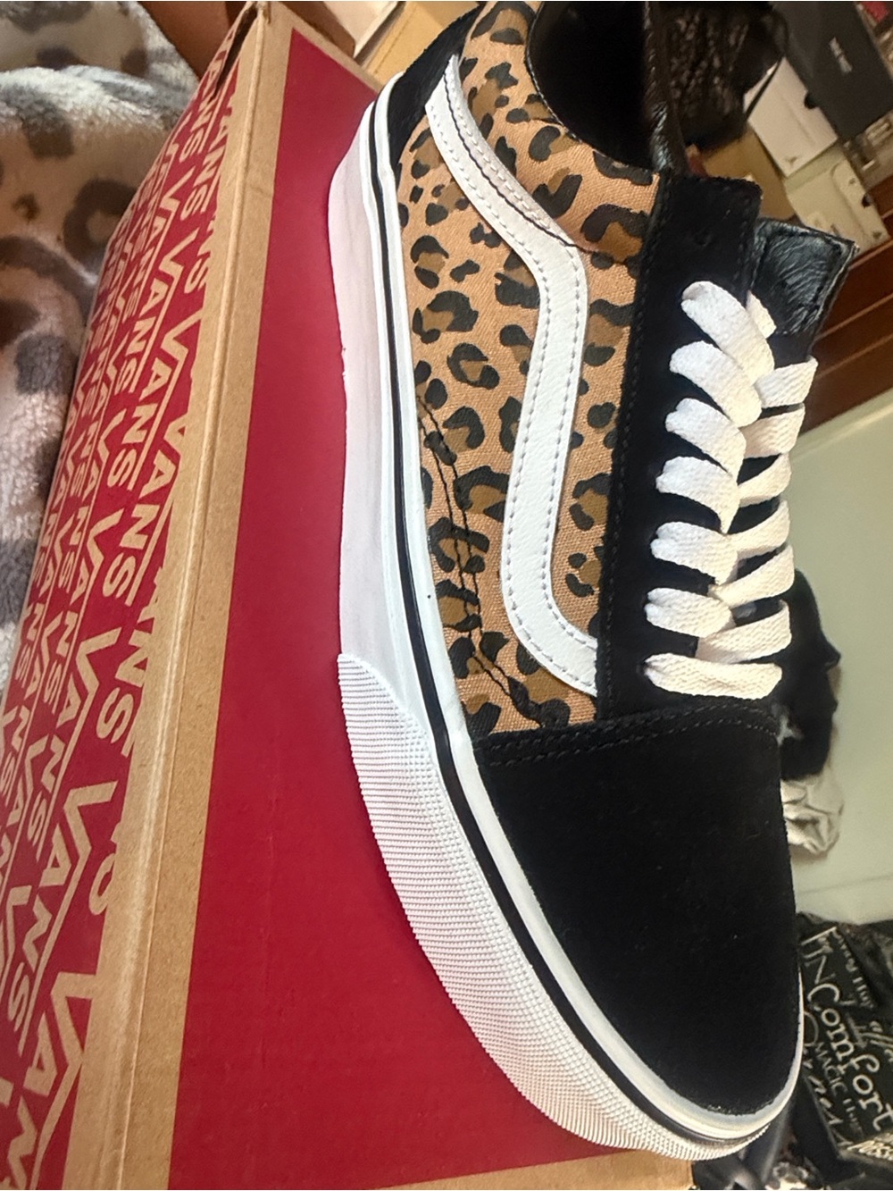 Vans Old Skool Leopard Print Sneakers in Black and Tan - Picture 4 of 7